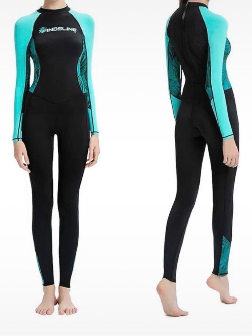Women's Long-Sleeve Full Coverage Swimsuit - Black & Teal
